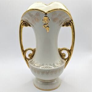 Vintage Abingdon USA Ceramic White and Gilded Gold Dual Handle Vase 8.75in